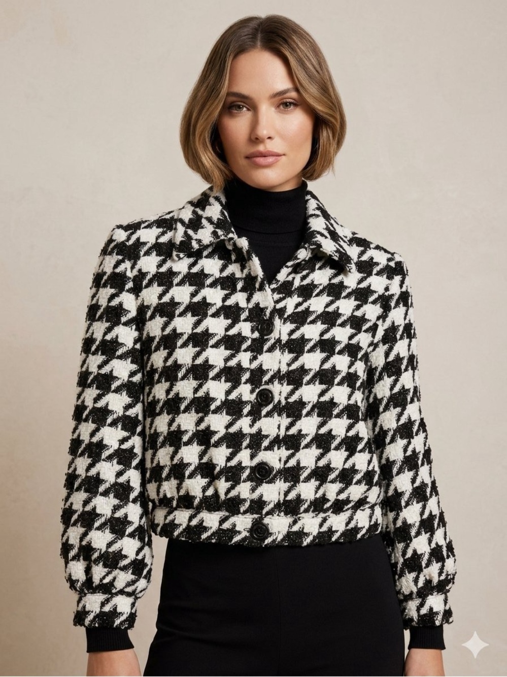 L'AGENCE Houndstooth Cropped Tweed Jacket Size 2 Black White Metallic Knit Coat